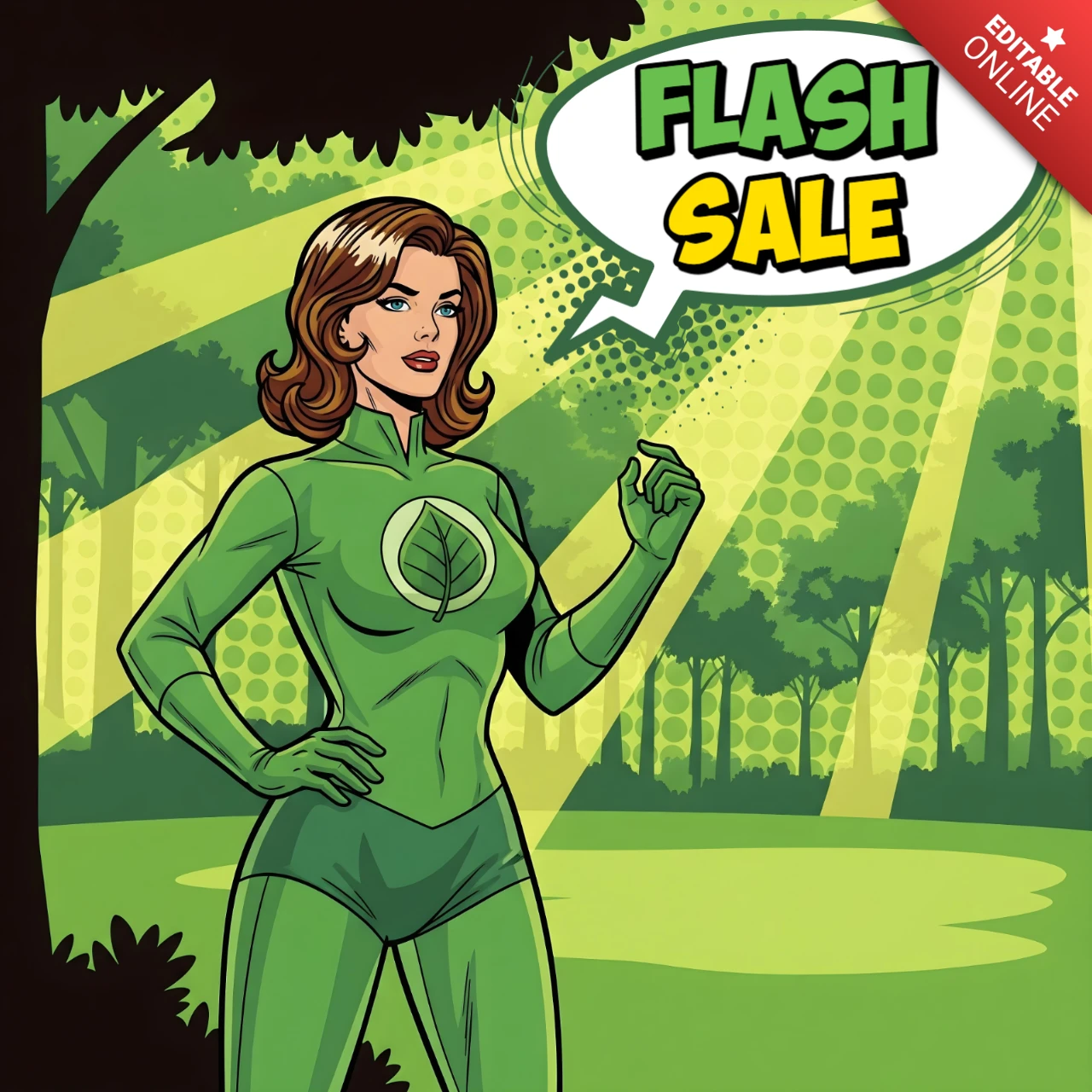 Arte in stile fumetto del supereroe della foresta con emblema di foglia e sfondo di raggi di sole, modello di design per volantini promozionali.