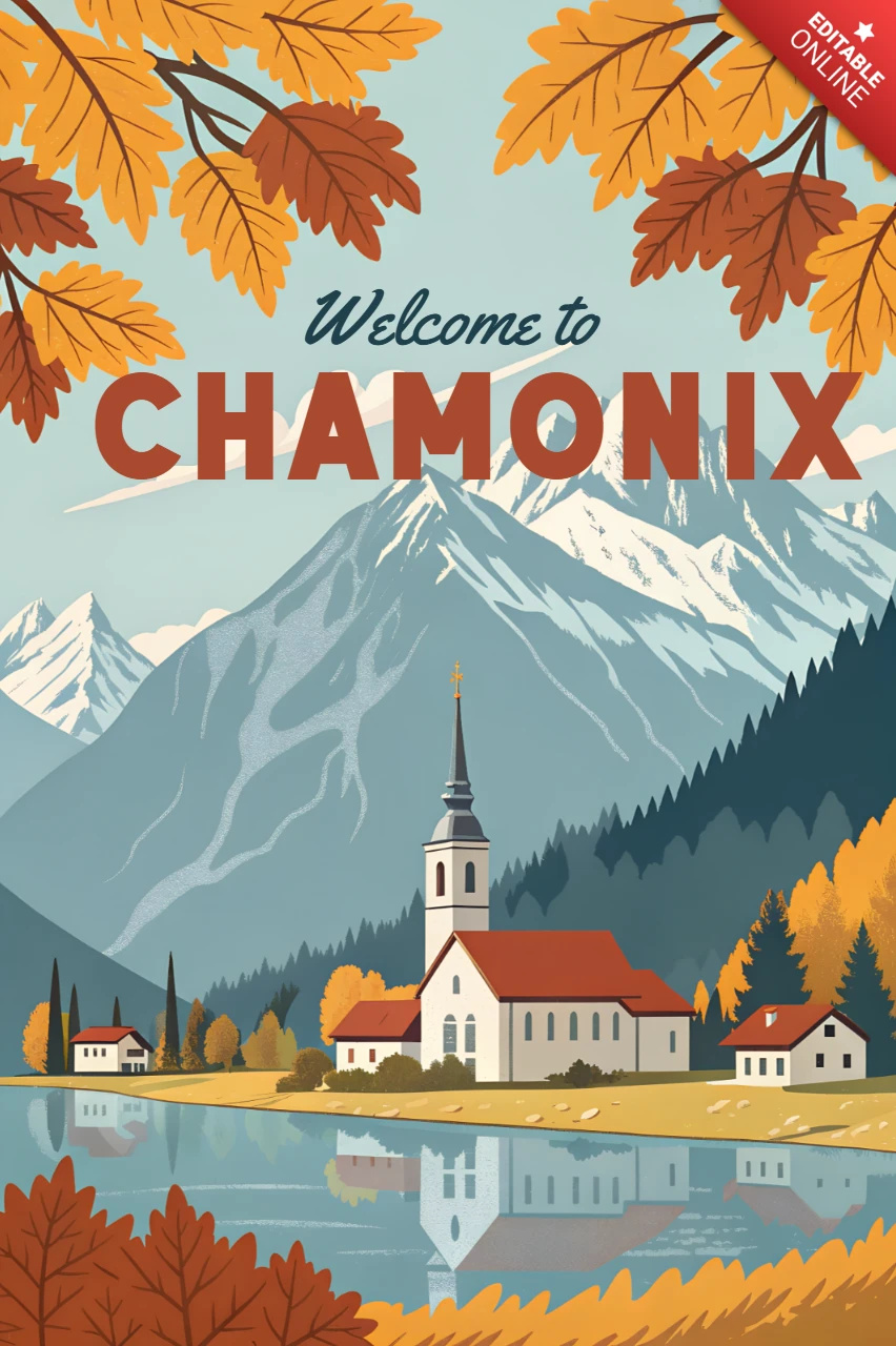 Vintage-Landschaftsdesign-Vorlage für Reiseposter mit Chamonix-Bergen und herbstlicher Laubfärbung