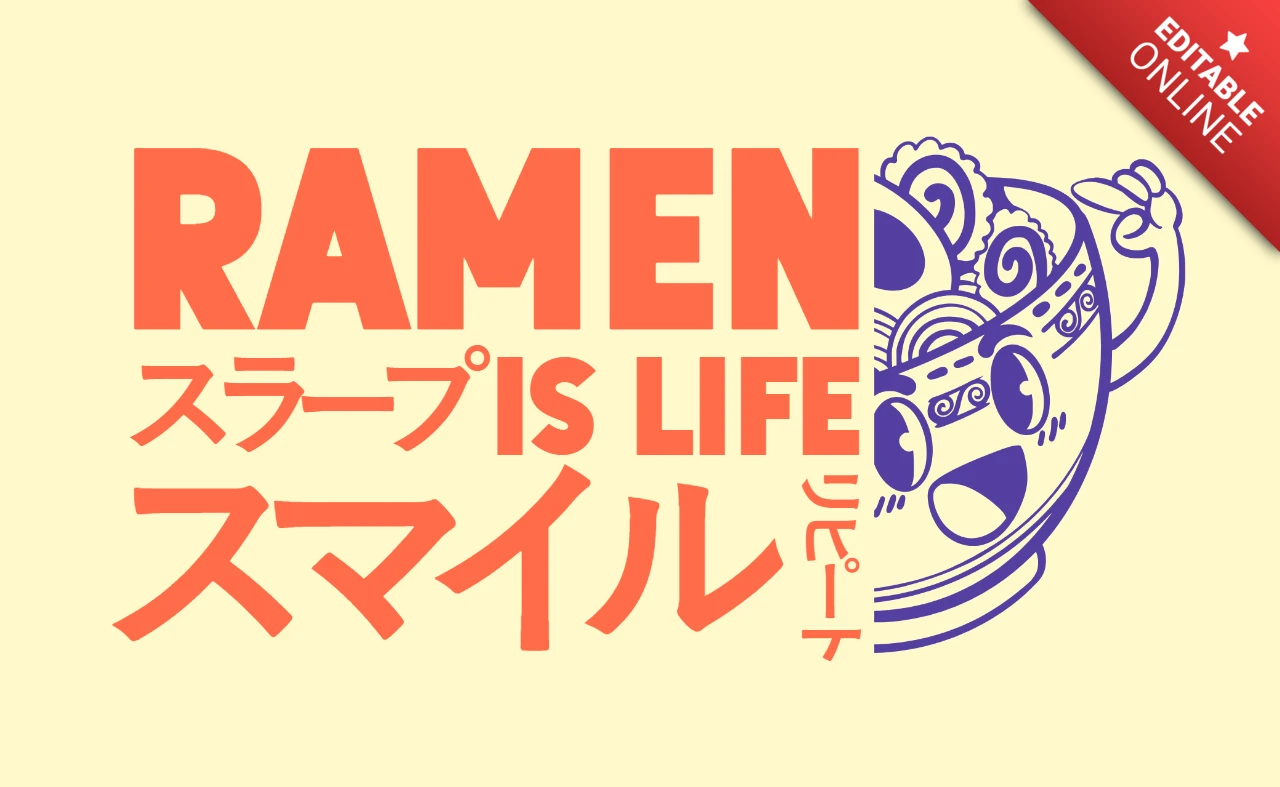 Modèle de design de ramen ludique avec une typographie amusante et un style illustratif