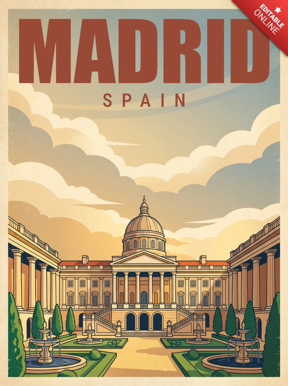 Madrid Retro Vintage Travel Poster Spain Grand Building Central Dome Courtyard Fountains Manicured Gardens Historic Architecture Wall Art Print