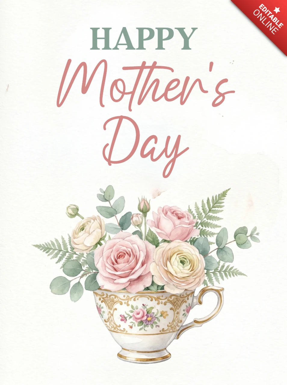 Carte de vœux élégante pour la fête des mères avec une rose en aquarelle et un bouquet floral pastel dans une tasse à thé vintage.