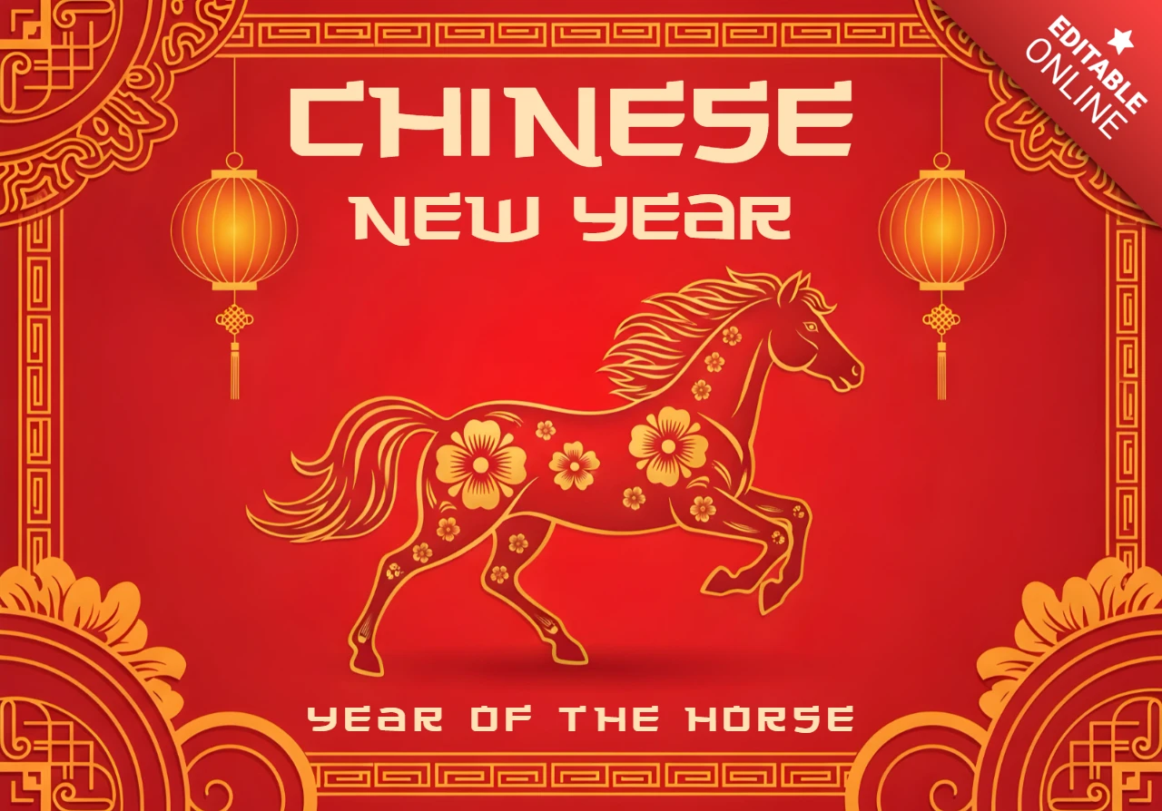Sjabloon voor een feestelijke groetkaart met een Chinees nieuwjaar paard ontwerp