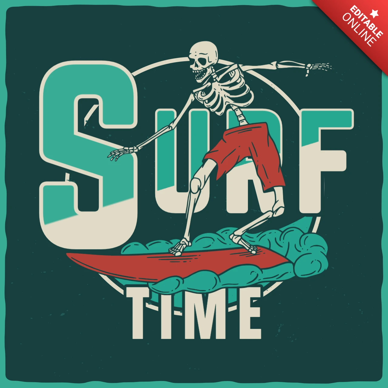 Modelo de design de camiseta de esqueleto com prancha de surfe