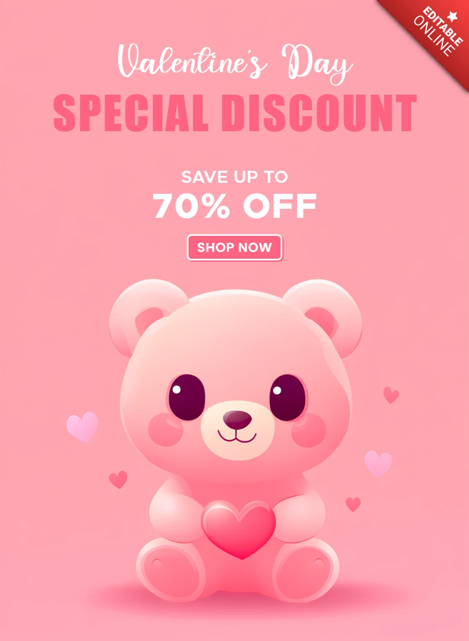 Diseño de plantilla de descuento para San Valentín con un simpático personaje de oso