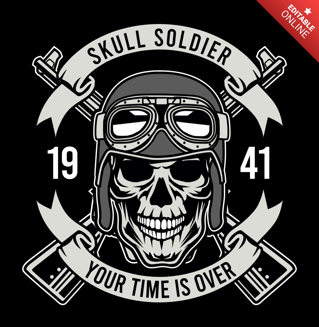 Modelo de design de camiseta com caveira de soldado O tempo acabou