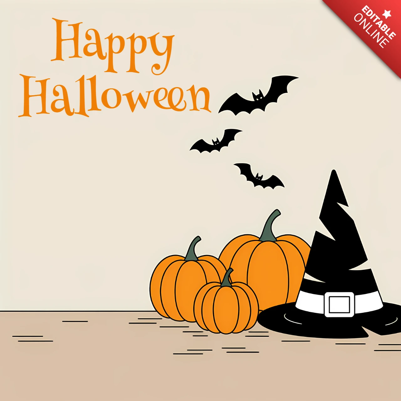 Frohes Halloween Designvorlage mit Kürbissen und Hexenhut für festliche Grußkarten