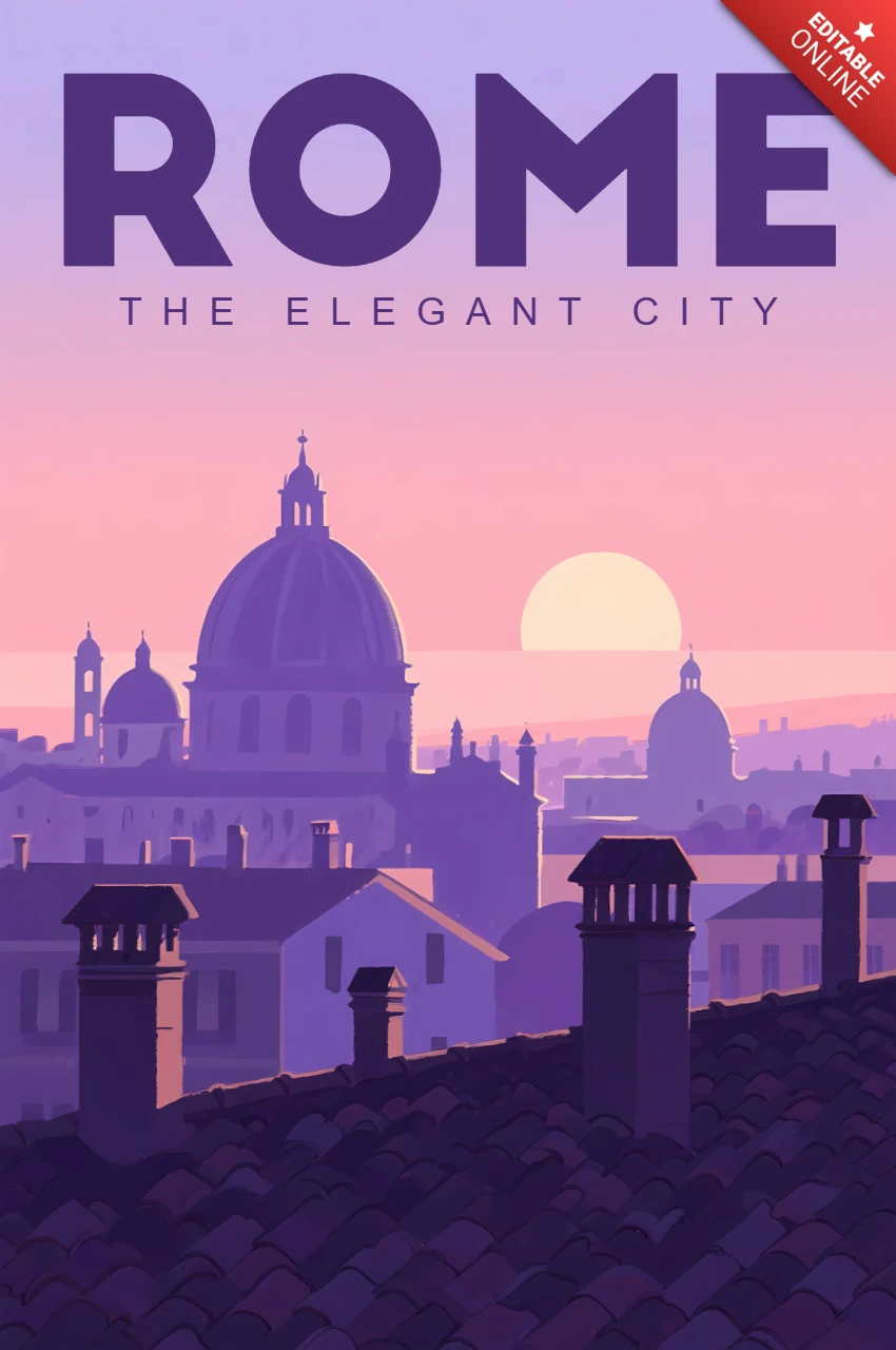 Illustration de coucher de soleil violet à Rome pour un modèle d'affiches de voyage rétro.