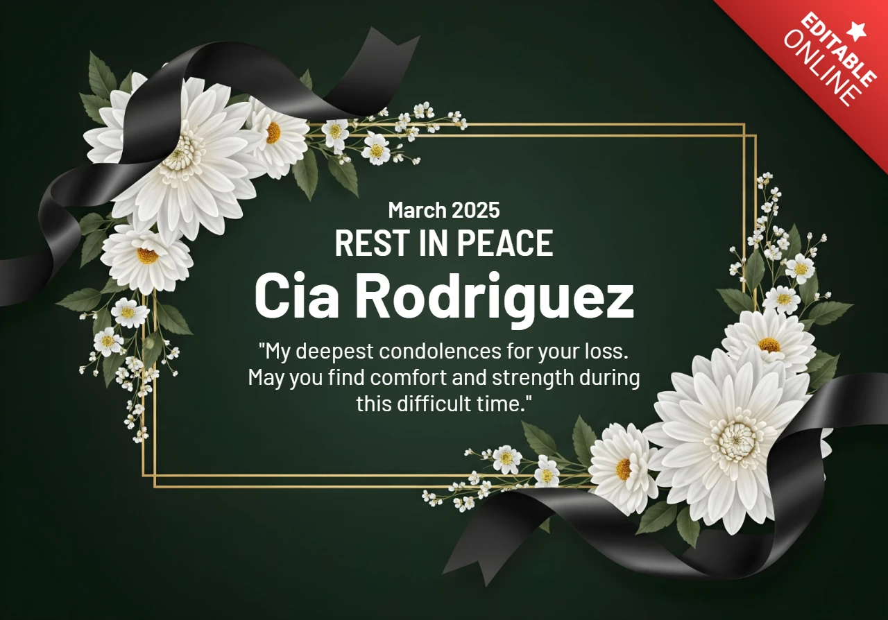 Affiche commémorative avec bordure dorée, hommage avec des marguerites blanches et message de sympathie, modèle de design repos en paix.