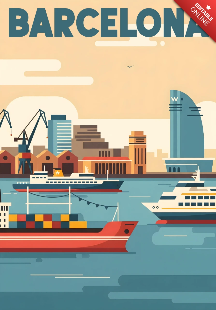 Port Scene with W Hotel, Cargo Ship & Luxury Yachts Barcelona Travel Posters Design Template