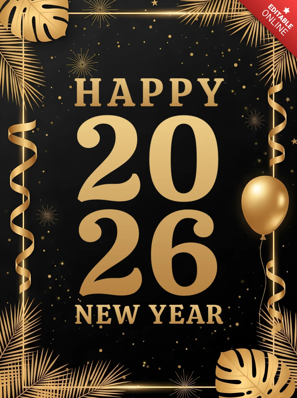Elegant New Year Celebration Template with Gold Typography and Tropical Leaves Design for Party Invitations