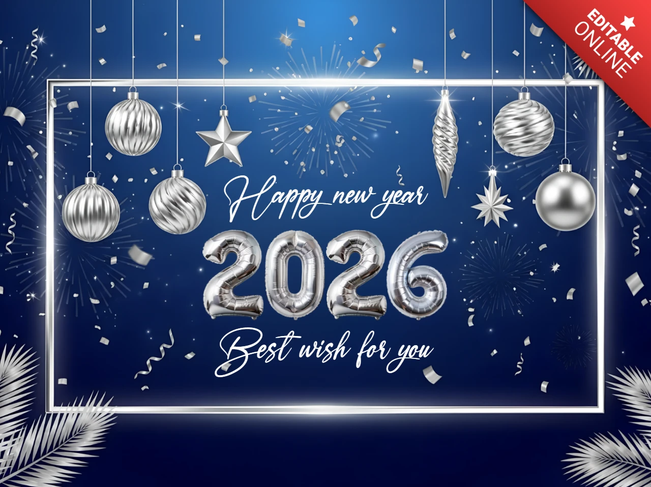 New Year Celebration Template with Silver Ornaments and 2026 Design for Greeting Cards