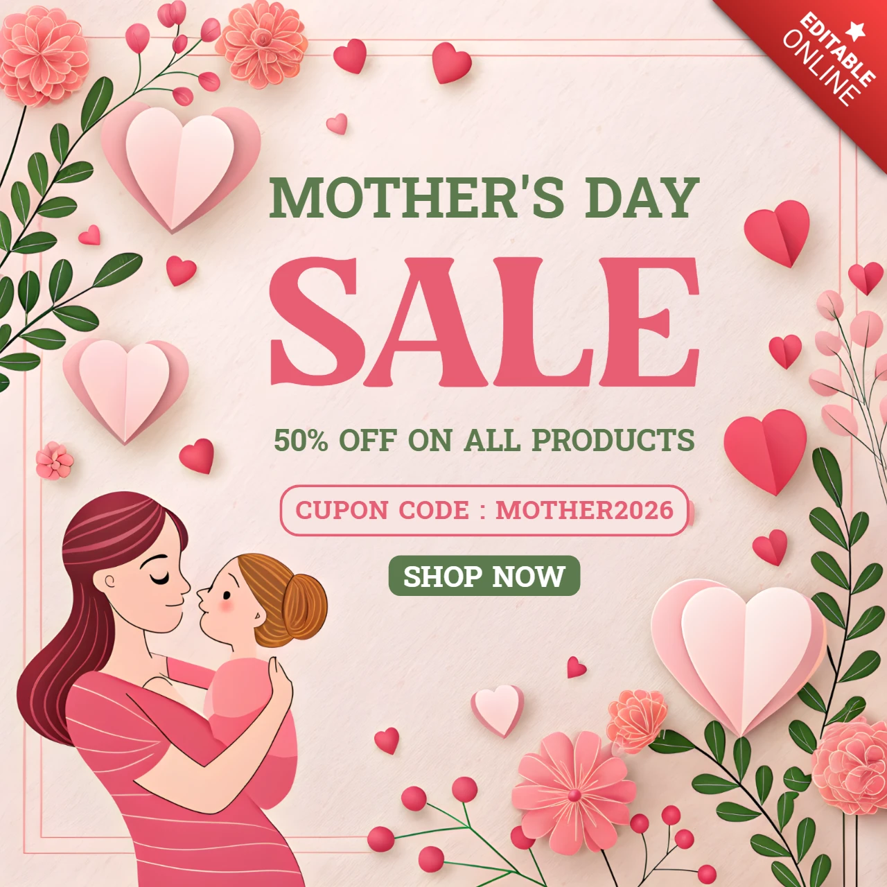 Mother's Day Sale Template - Floral and Heart Design for Promotions