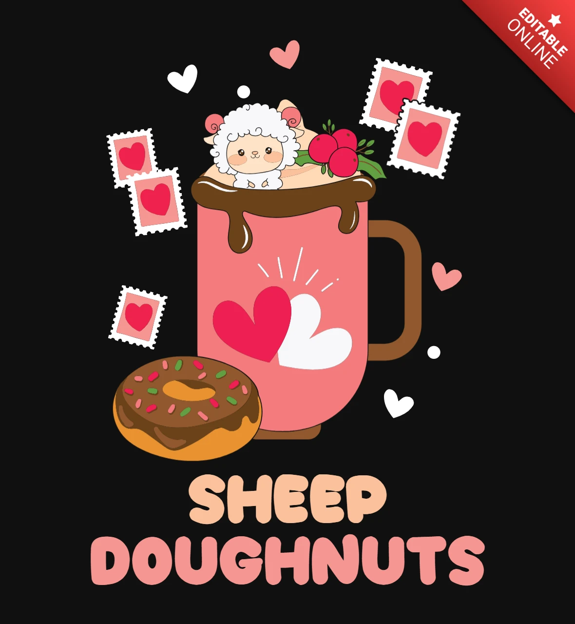 Plantilla de camiseta de San Valentín de oveja con café y donuts