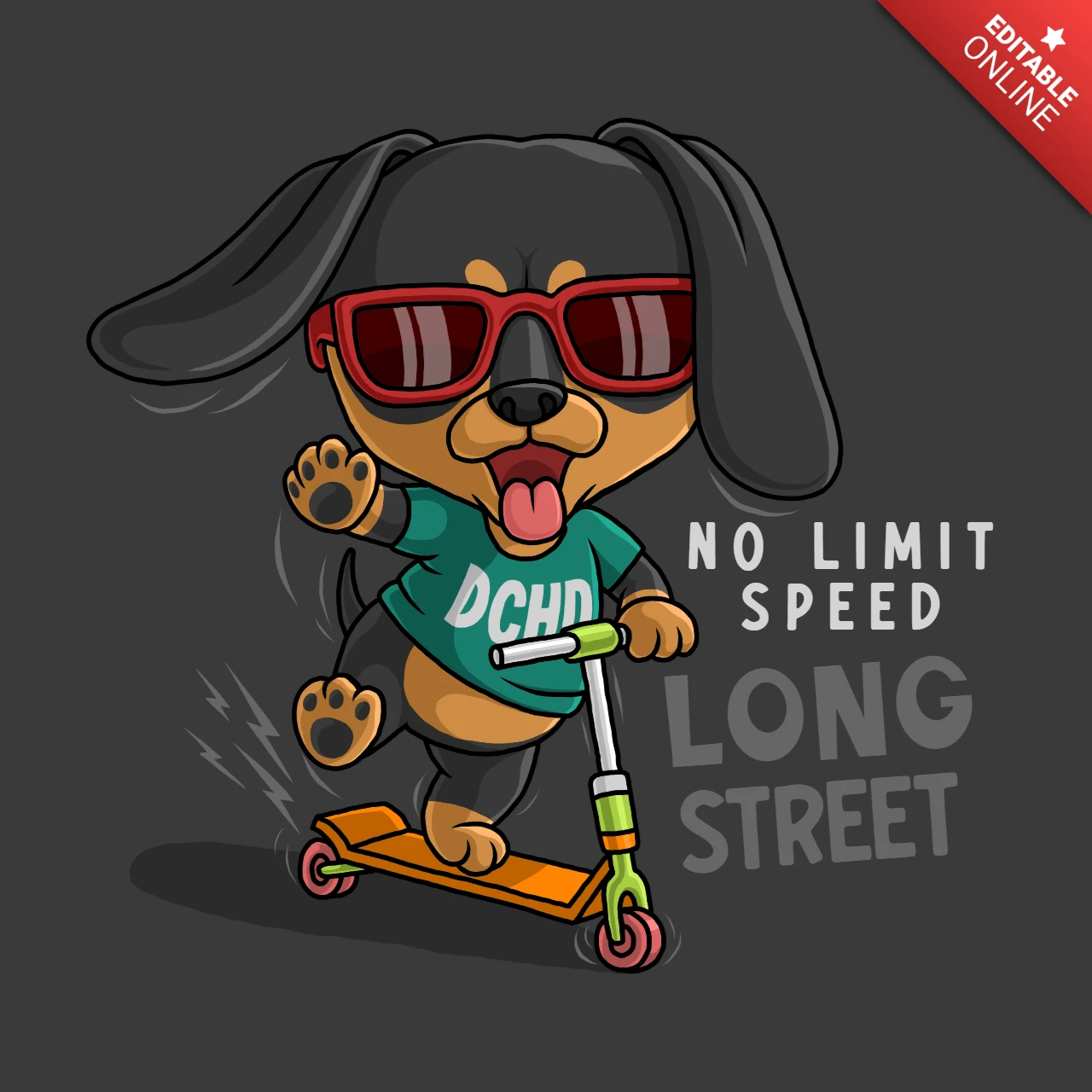 Modelo de design legal de cachorro salsicha em uma scooter para roupas divertidas