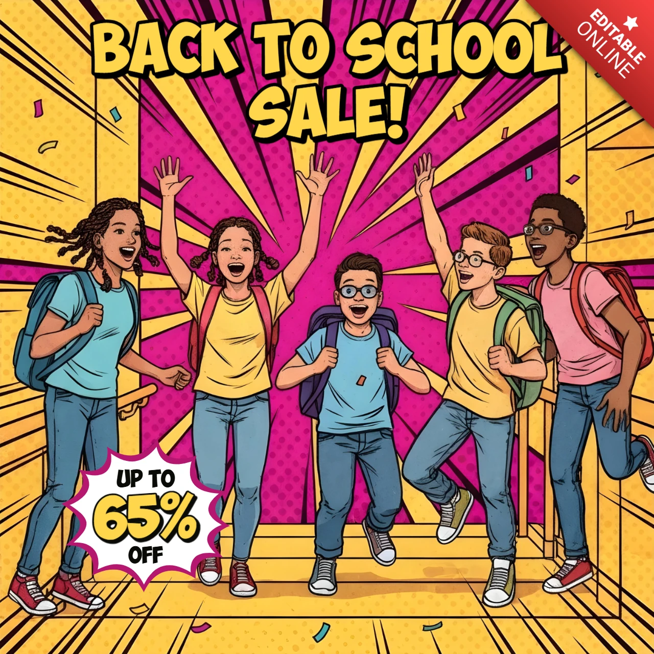 Celebrazione dell'ingresso a scuola in stile fumetto, arte di vendita per il ritorno a scuola con gruppo di studenti e design a esplosione di sconto per volantini promozionali.