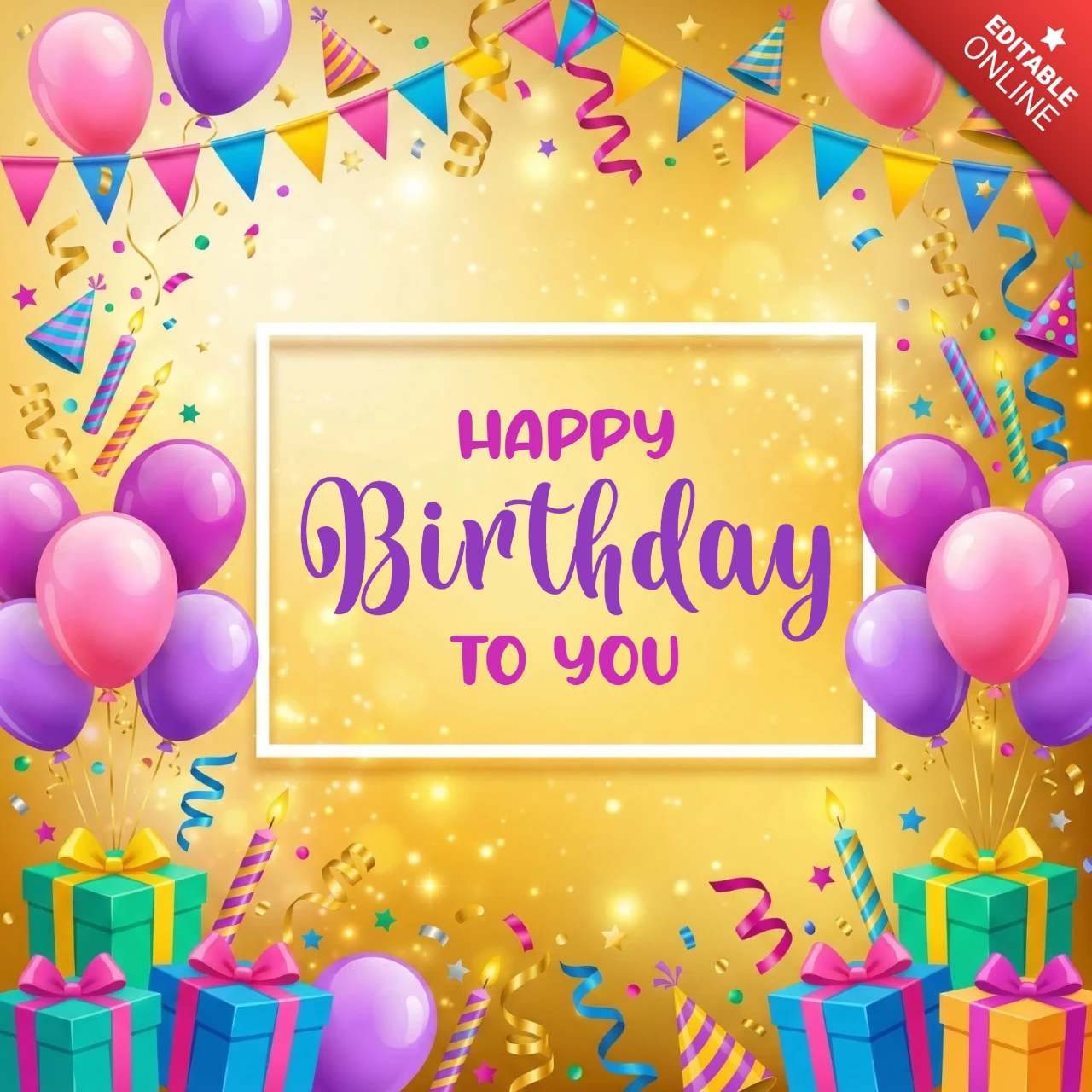 Cartel de felicitación de cumpleaños con fondo dorado, globos, banderines, serpentinas y un alegre mensaje de feliz cumpleaños.
