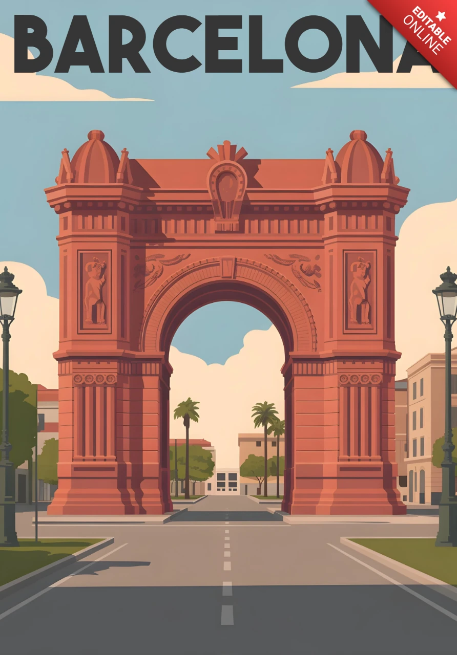 Arc de trionfo con palme e lampioni decorativi modello di poster di viaggio di Barcellona