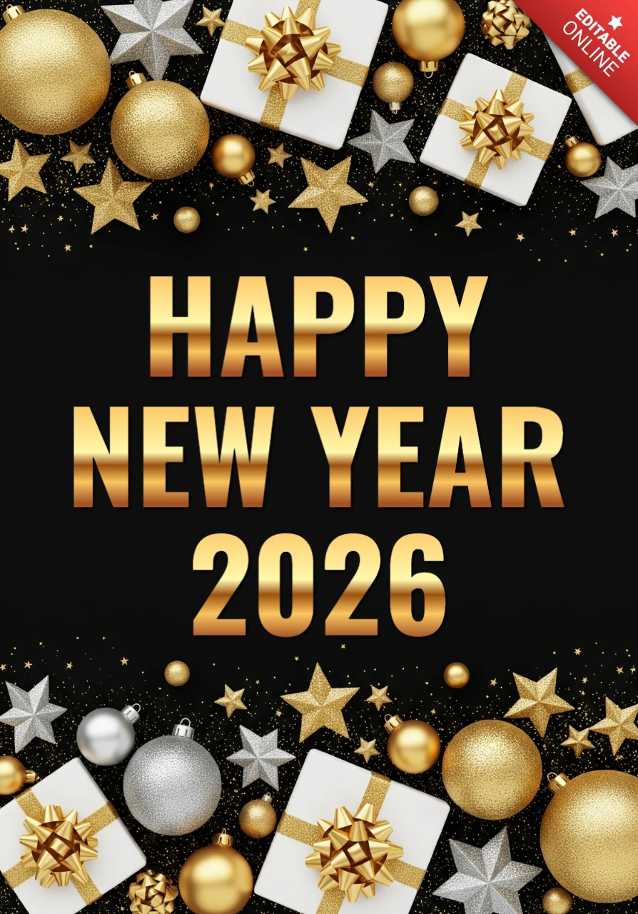 Modèle de vœux pour la nouvelle année élégant 2026 avec des décorations métalliques et une lueur de célébration