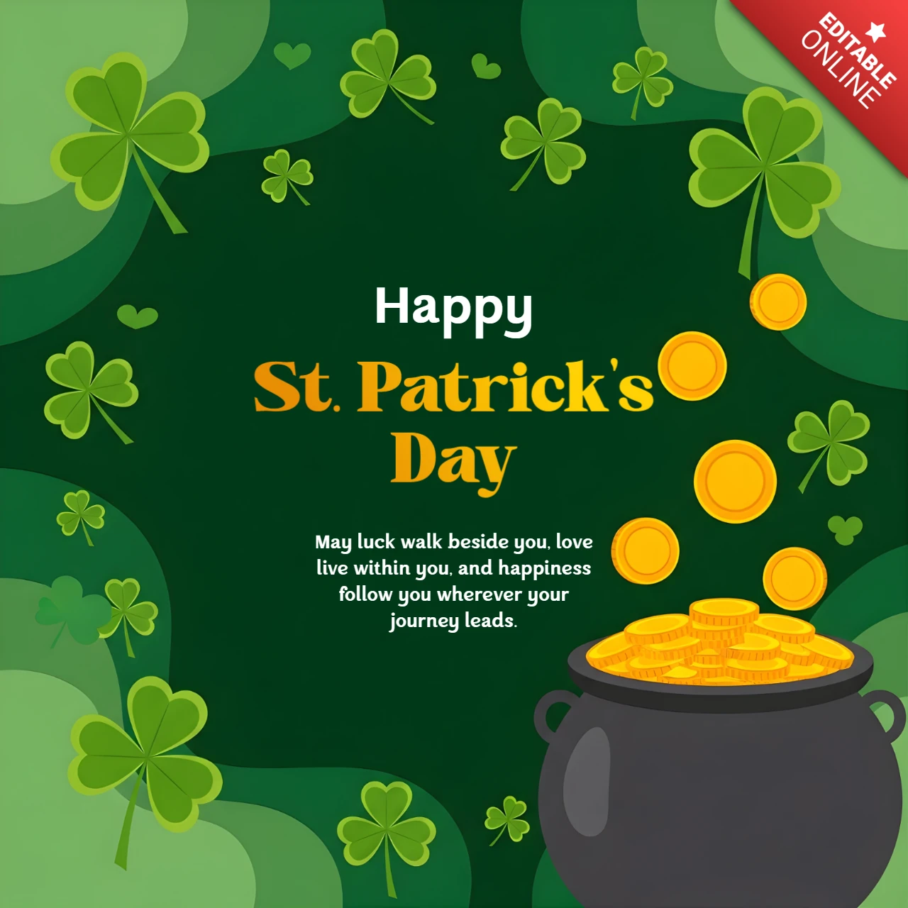 St. Patrick's Day Feier Vorlage mit Topf voller Gold und Kleeblatt-Design für Grußkarten