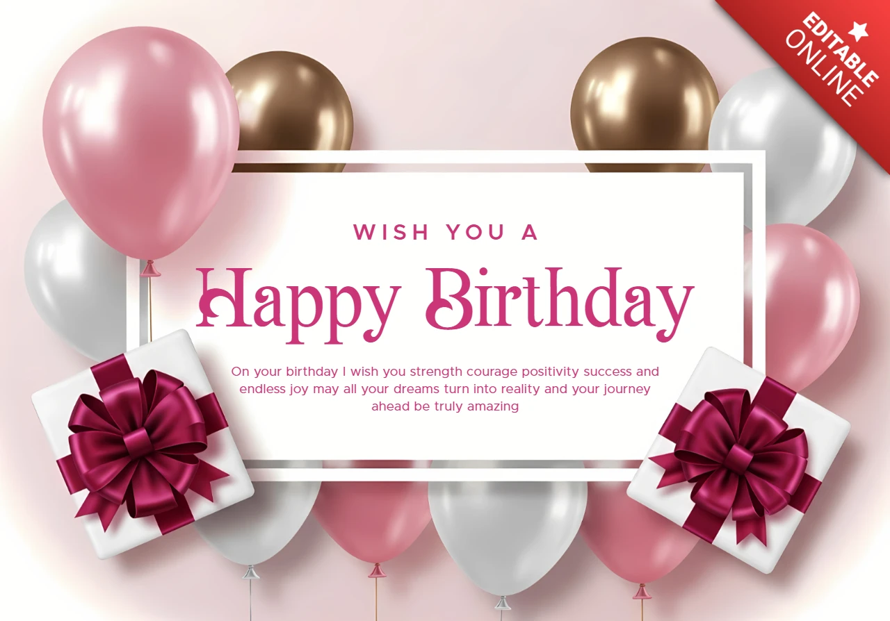Elegante Geburtstagseinladungsvorlage mit Ballons und Geschenkboxen-Design.