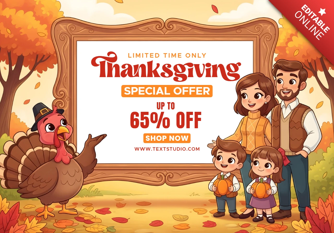 Thanksgiving-Sonderangebot mit lächelnder Familie, festlichem Truthahn und gemütlicher saisonaler Szene, Werbebanner-Designvorlage