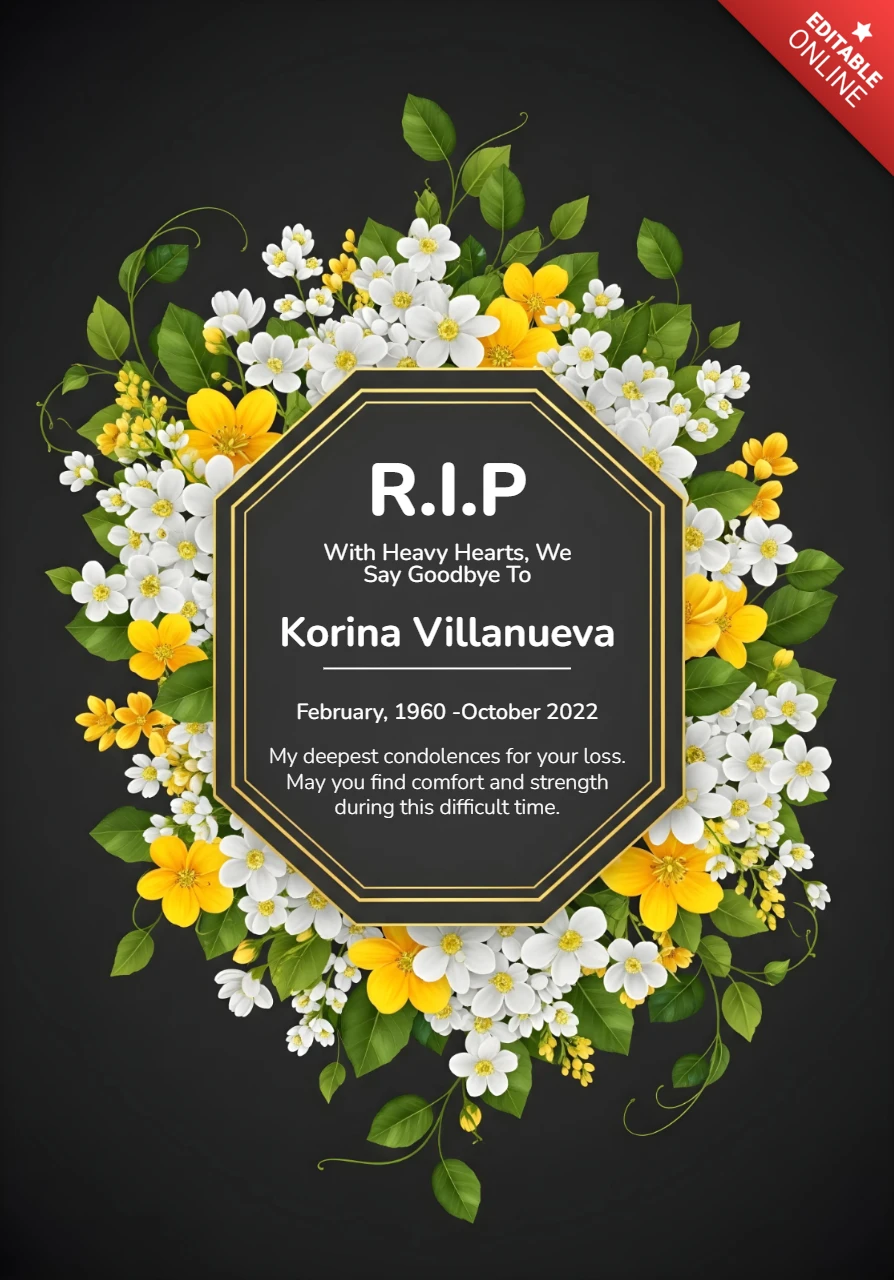 Placa de oro con anillo floral blanco y amarillo, homenaje de descanso en paz, plantilla de diseño de cartel de descanso en paz.