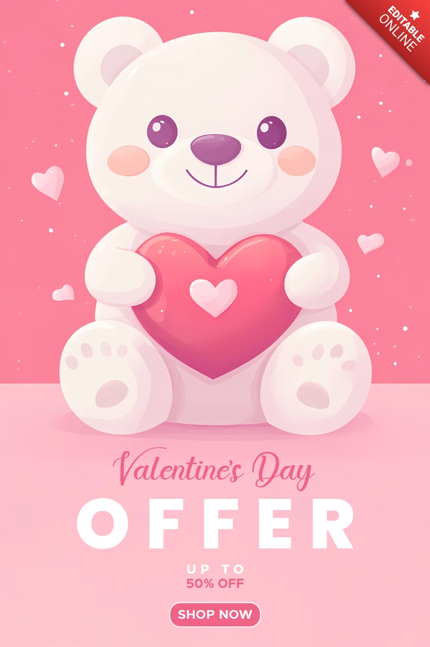 Plantilla de póster de oferta de San Valentín con un simpático oso y un corazón