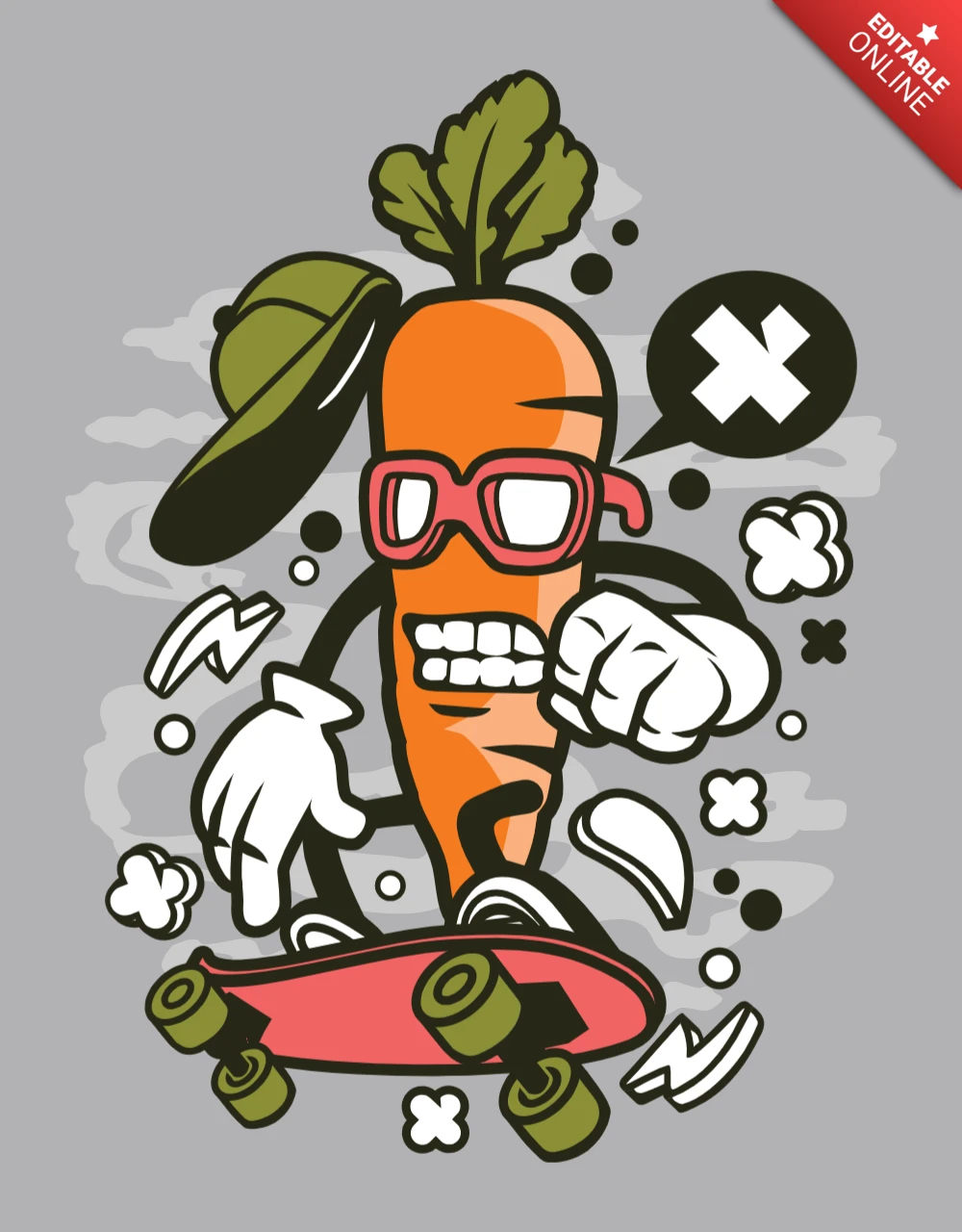 Carrot Skater Cartoon Character T-shirt Design Template