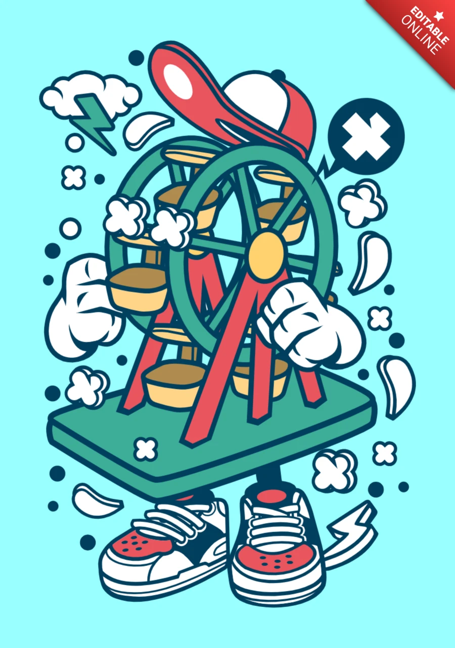 High Roller Ferris Wheel Cartoon Character Poster Design Template