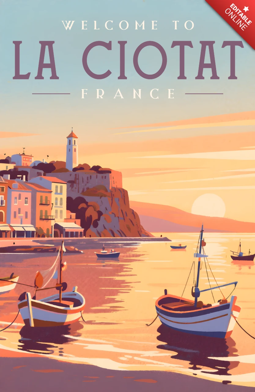Modelo de design retro plano costeiro para cartaz de viagem de La Ciotat