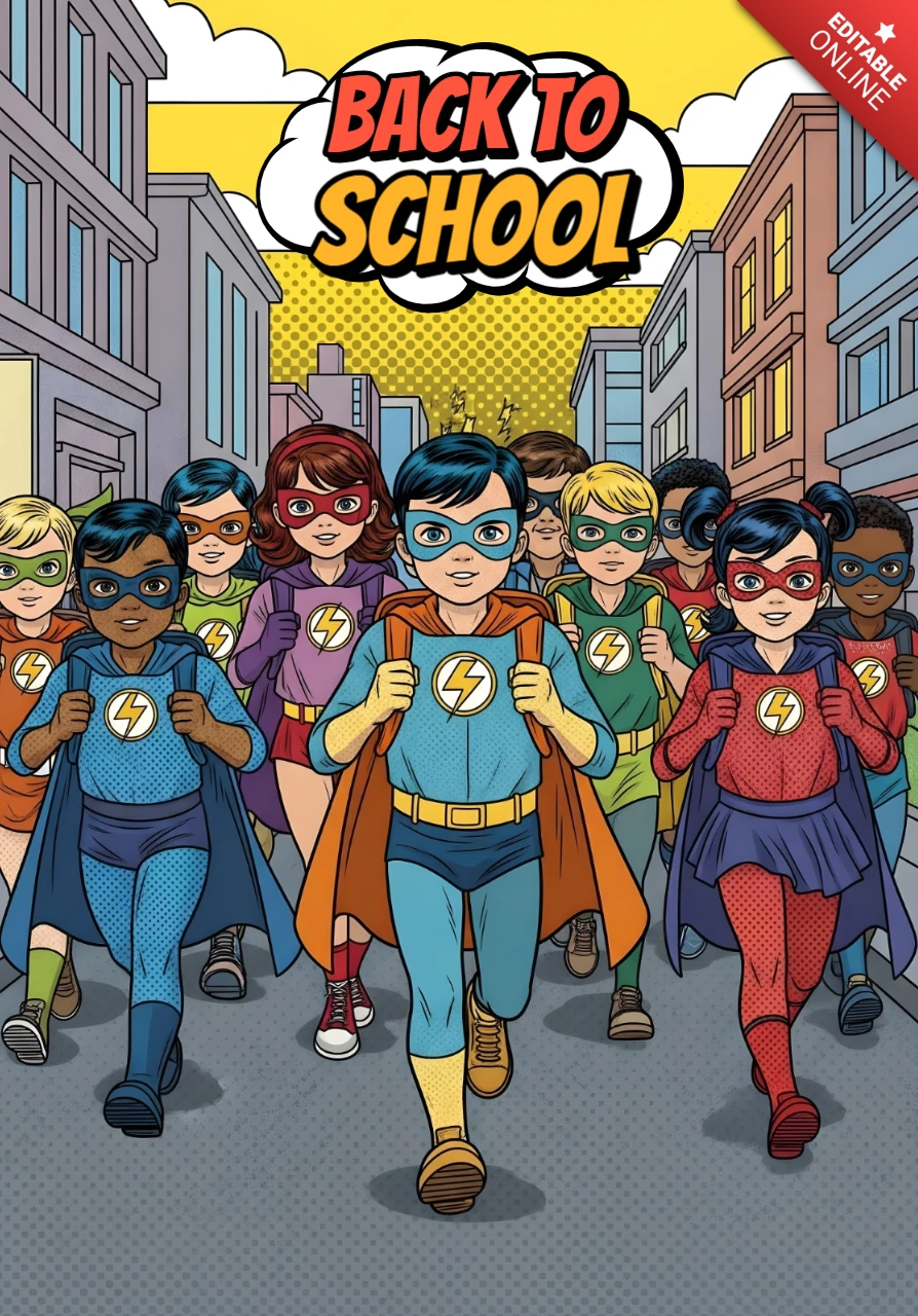 Affiche de conception de super-héros étudiants de retour à l'école marchant dans la ville avec des emblèmes d'éclair et des capes.
