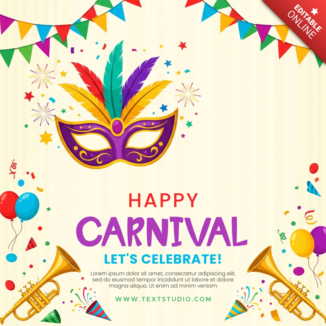 Vibrant Carnival Poster Decorative Mask with Purple, Red, Green & Yellow Feathers Surrounded by Festive Elements for Celebration