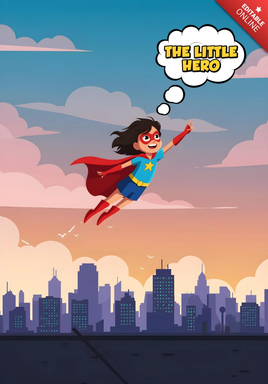 The Little Hero Flying Child Superhero Over Sunset Cityscape Poster Design Template