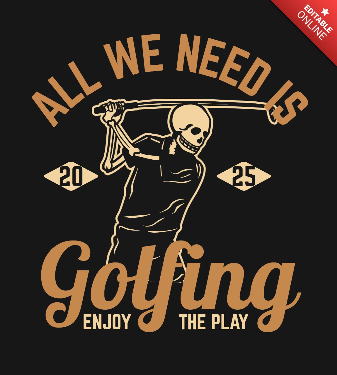 Skeleton Playing Golf Vintage T-shirt Design Template