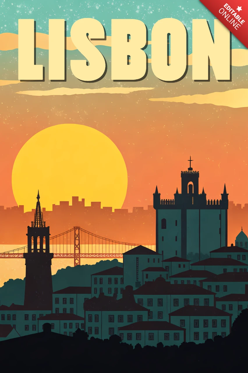 Lisbon Sunset Vintage Design Template for Travel Posters