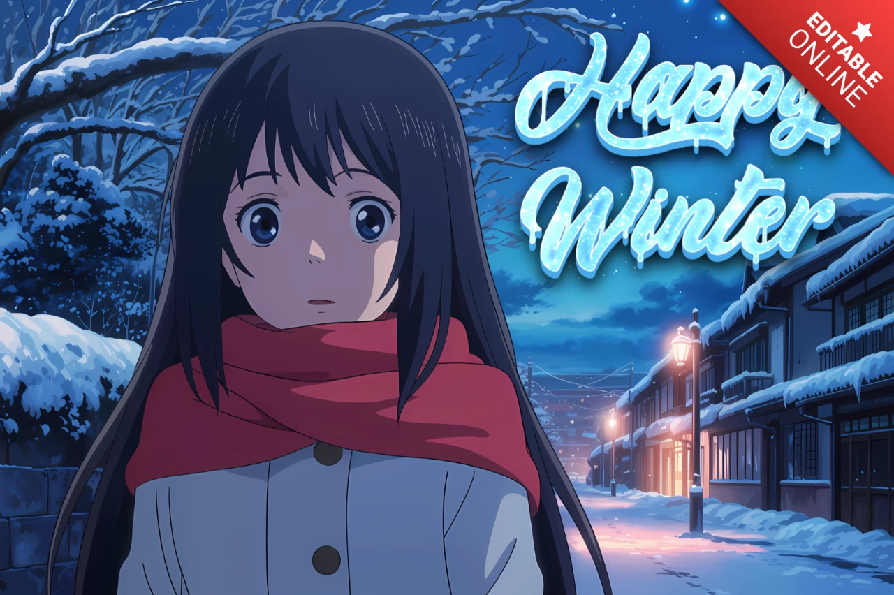 Winter Scene Design Template with Anime Character for Greeting Cards