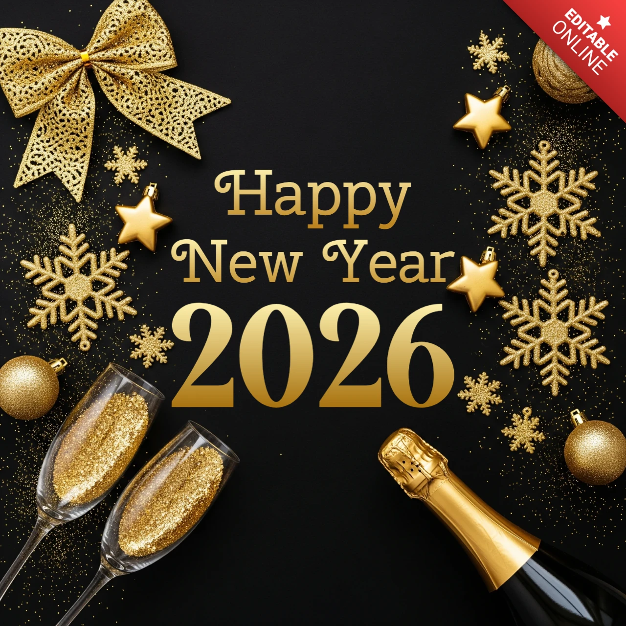 New Year Greeting Template Elegant 2026 Design with Glittery Decorations and Celebration Toast Theme