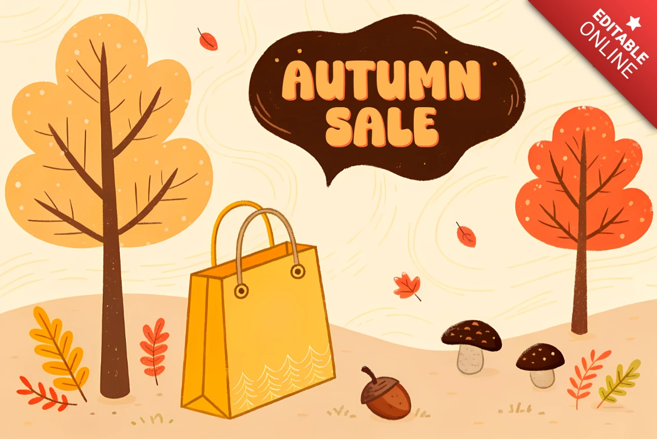 Herbstverkaufsdesignvorlage mit Einkaufstasche und Herbstlaub für Werbeflyer