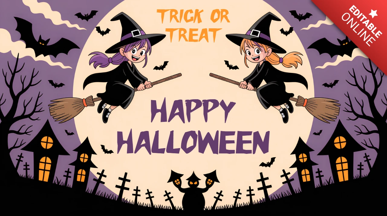 Whimsical Chibi Halloween Design Template with Cute Witches for Party Invitations
