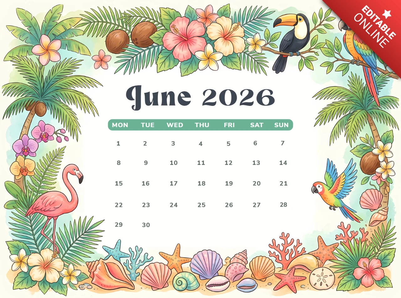June 2026 Monthly Calendar with Tropical Birds, Palm Trees and Coastal Elements