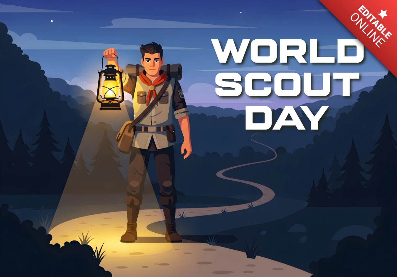 Template de design de tema de aventura para o dia mundial do escoteiro com ilustração de lanterna