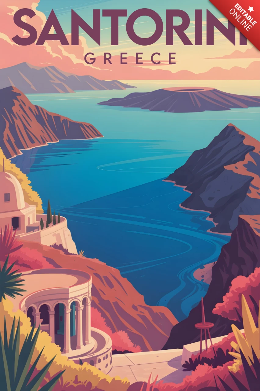 Pôsteres de viagem de Santorini com domos à beira do penhasco, céu ao pôr do sol e vista para o mar Egeu.