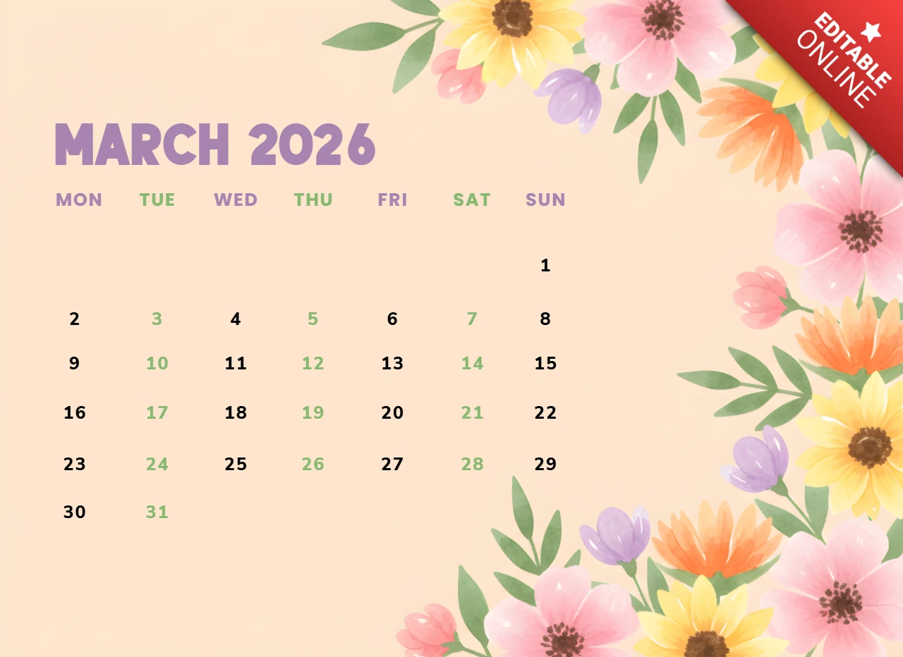 Affiche décorative du calendrier de mars 2026 avec des fleurs aquarelle et un thème printanier.