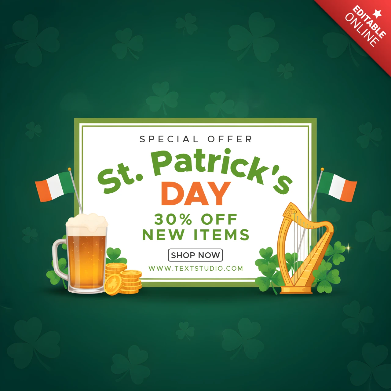 St. Patrick's Day Verkaufsplakat-Designvorlage mit Kleeblättern, irischen Flaggen und festlichem grünen Hintergrund