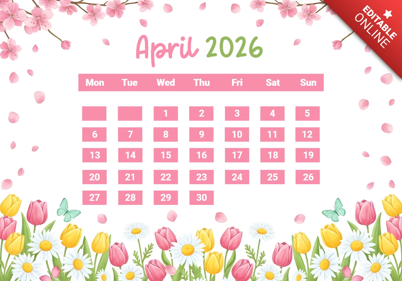 Cartel del calendario de abril de 2026 — título rosa con flores de cerezo, tulipanes, margaritas y tema de borde decorativo