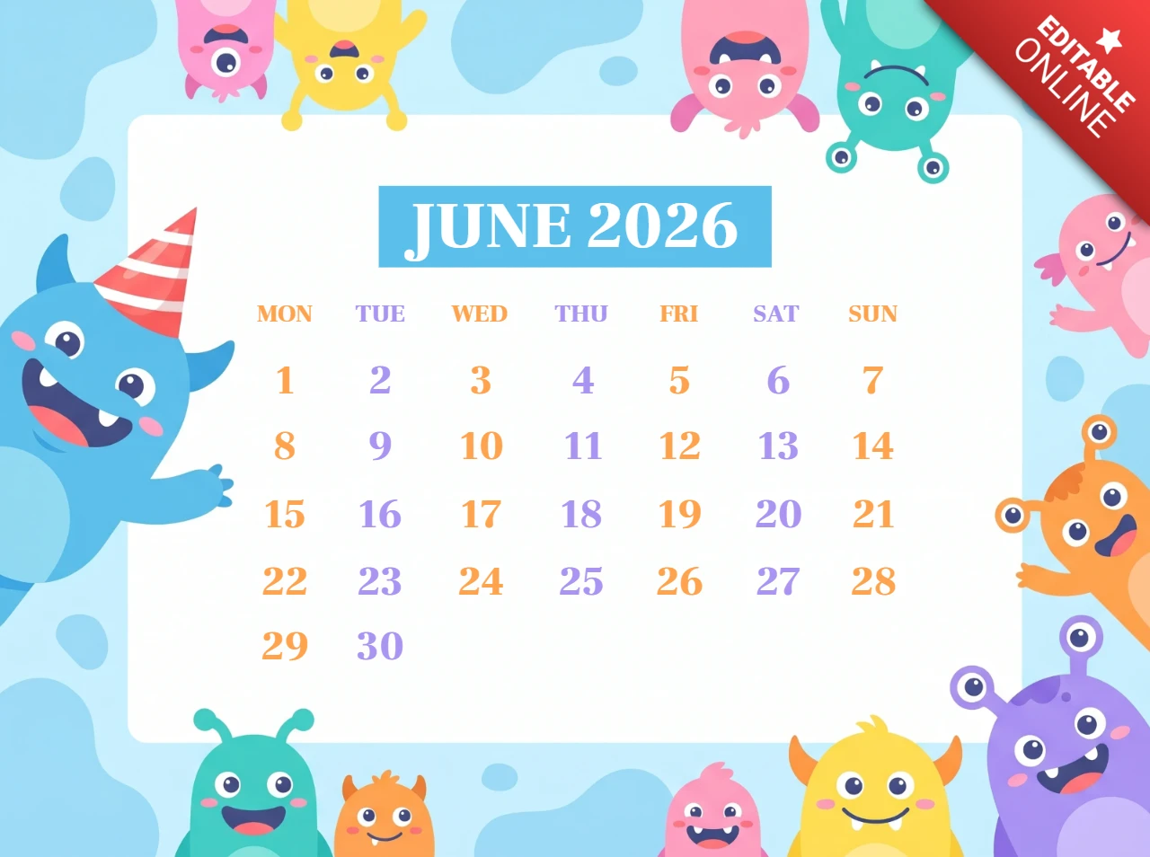 Cute Monster Themed June 2026 Calendar for Classrooms and Bedrooms with Removable Activity Stickers