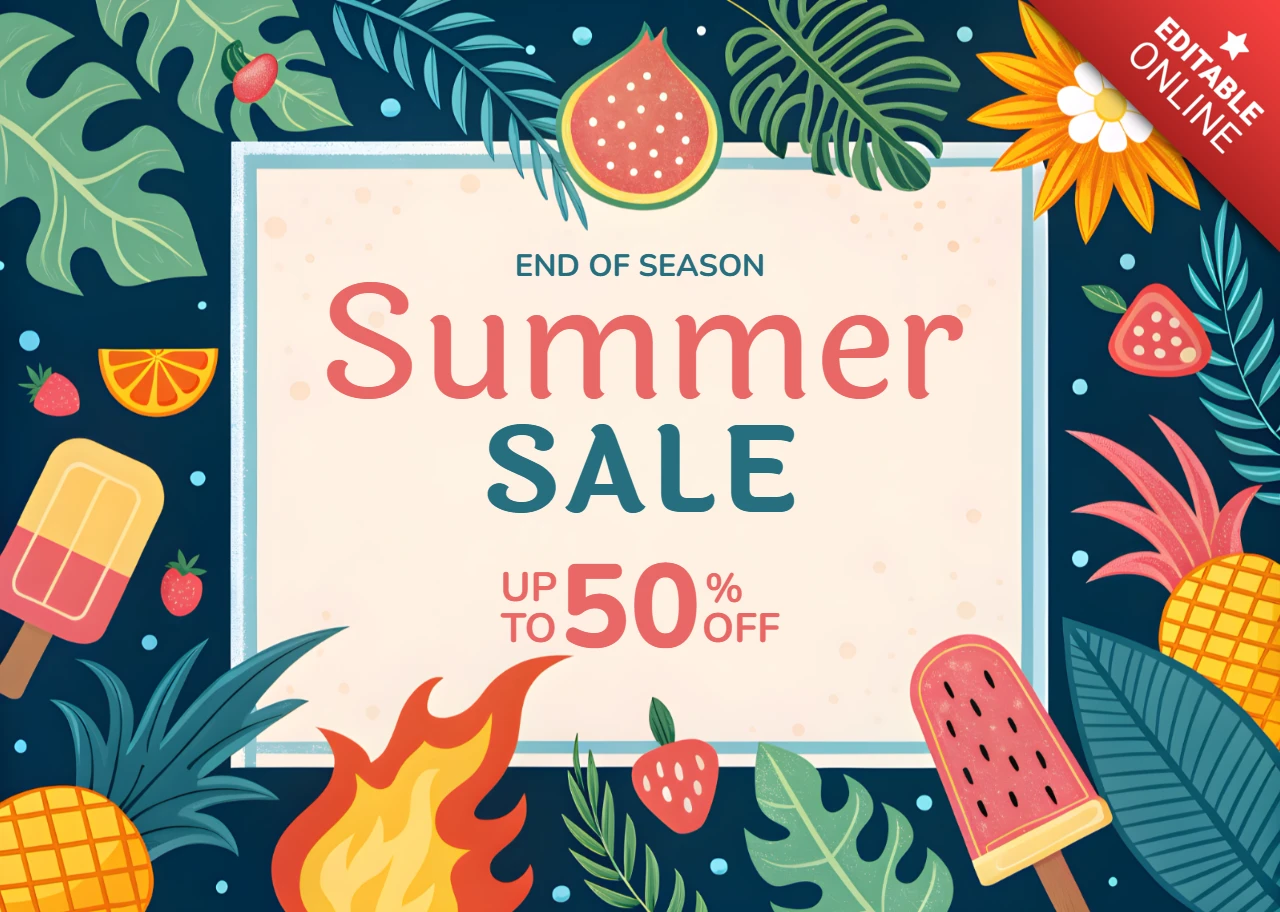 Vibrant Summer Sale Template Design with Tropical Elements - Editable Seasonal Promotion