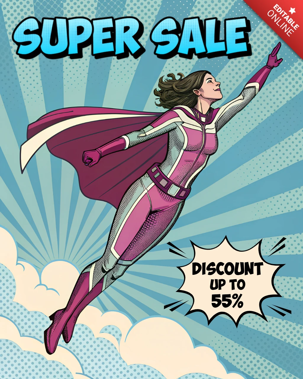 Template de design de venda de super-heróis em estilo de quadrinhos para pôsteres promocionais
