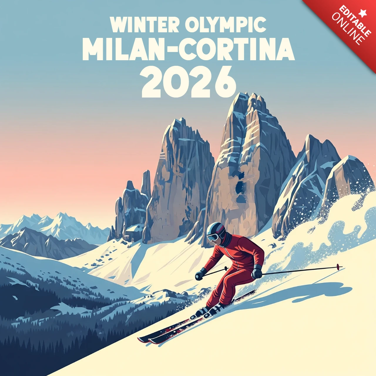 Dynamisches Ski-Szenenplakat Mailand-Cortina Winterolympiade mit Athlet und Sonnenaufgangsgipfeln