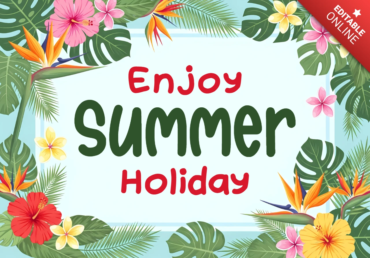 Summer Holiday Design Template with Tropical Flowers and Leaves for Greeting Cards